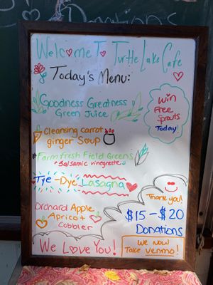 Menu - changes each time   at Turtle Lake Refuge in Durango