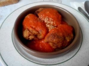 Samosas in a slightly spicy tomato sauce at Vegetariano in Bilbao