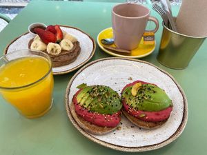 Vegan brunch includes OJ and hot drink at Nicolau Lisboa in Lisbon