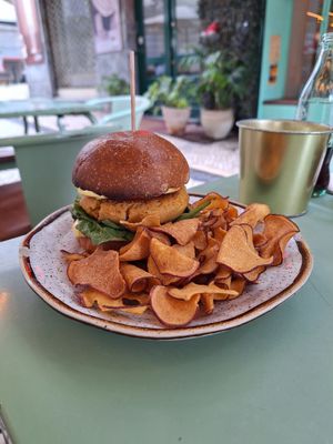 Vegan Burger with Sweetpotato Chips at Nicolau Lisboa in Lisbon