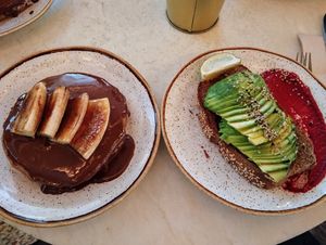 Vegan pancakes and avo toast at Nicolau Lisboa in Lisbon
