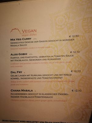 Vegan menu at Jaipur in Innsbruck