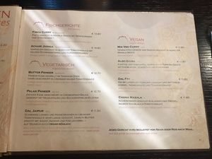 The menu with a distinct vegan section at Jaipur in Innsbruck