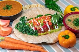 Vegan Wrap - Guacomole, Quinoa, Salsa, Carrot, Fresh Tomato, Fresh Bell Peppers, Fresh Kale and Fresh Spinach in a Whole Wheat Wrap at Soupa Cafe in Victoria
