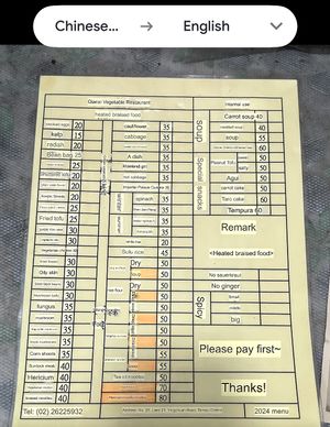 Google translate -menu  at Qiān Xǐ Shū Shí 千囍蔬食 in New Taipei City