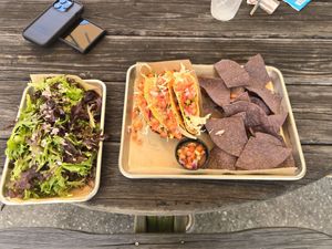 Tofu tacos with chips and pico de gallo, side salad at Dunedin Brewery in Dunedin
