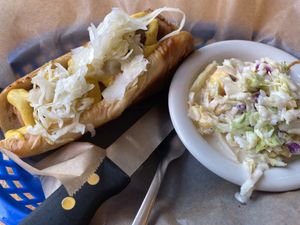 Vegan bratwurst with vegan coleslaw at Dunedin Brewery in Dunedin