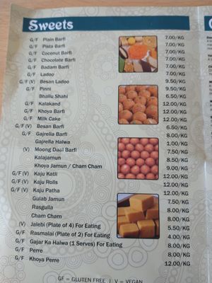 Sweets menu at Anand Sweets in Leeds