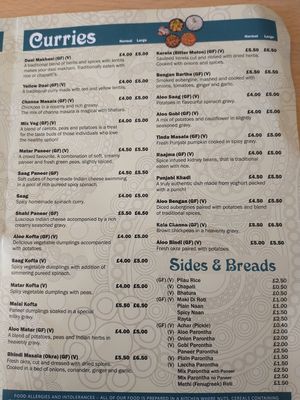 Curries and sides menu at Anand Sweets in Leeds