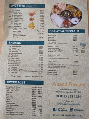 Starters, Snacks and Chaat menu at Anand Sweets in Leeds