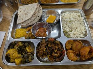 Vegan Special Thali with Karela, Aloo Bindi and another curry I can't remember the name of. at Anand Sweets in Leeds