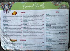 menu 2 at Anand Sweets in Leeds