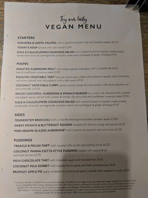 vegan menu  at The Glover Arms in Perth