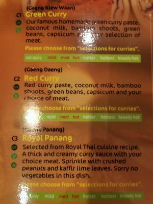Curry menu ~ June 2018 at Thai Chef's Restaurant in New Plymouth