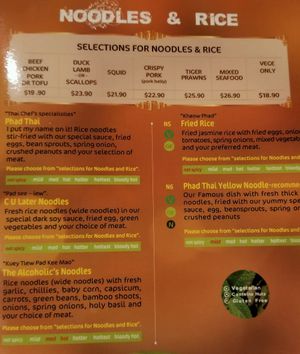 Noodles & Rice menu ~ June 2018 at Thai Chef's Restaurant in New Plymouth