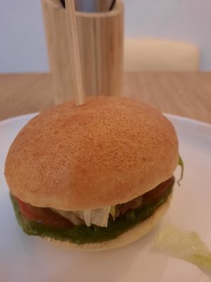 Delicious Pesto Burger, highly recommended! at Miss Nice Banana in Gouda