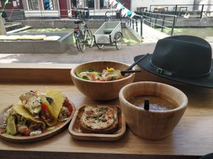 Lentil soup, hummous bread, jack fruit taco's and filled Sweet patatoes.  at Miss Nice Banana in Gouda