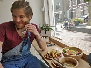 Jack fruit taco's (amazing! There soooo tasty), lentil soup, Handmade bread and hummous and filled Sweet patatoes. at Miss Nice Banana in Gouda