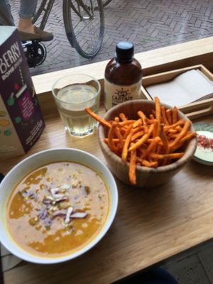 Soup bowl, fries and a drink - awesome food!!!  at Miss Nice Banana in Gouda