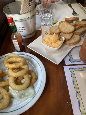 Starters - vegan almogrote (Canarian cheese and pepper sauce) and onion rings   at El Limon in Tenerife