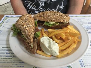 Seitan sandwich with fries and sauce at El Limon in Tenerife