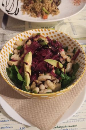 Power Bowl with white beans, red beet, spinach, avocado at El Limon in Tenerife