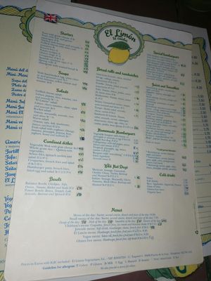 Menu at El Limon in Tenerife
