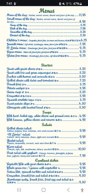 Menu jan 2025 at El Limon in Tenerife