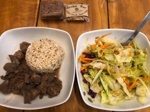 teriyaki veg meat, brown rice....and notice the vegan carrot cake and oat bar at Pilian Cafe & Vegie Resto in Cagayan De Oro