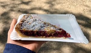Crumble cake with oat base, filled with cherries and almonds / EUR 3 (May 21) at Park Cafe in Traunstein