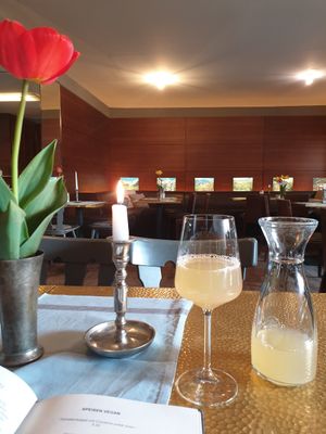 Inside (with a Apfelschorle on the table) at Park Cafe in Traunstein