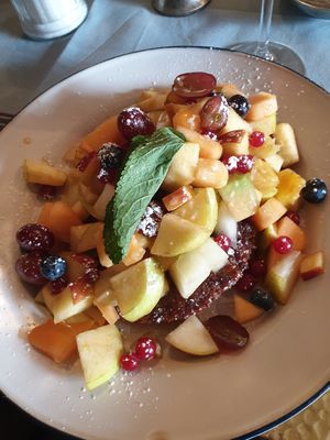 Buckwheat pancakes with fresh fruits at Park Cafe in Traunstein