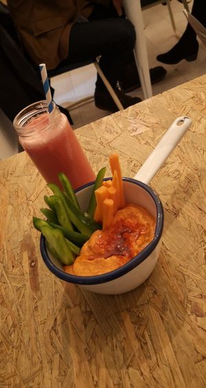 Hummus and tomato juice at NicPic in Malaga
