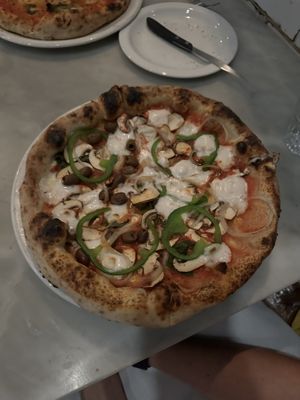 vegetarian pizza with vegan cheese   at Pizzeria Libretto in Toronto