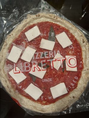 Frozen vegan margherita pizza  at Pizzeria Libretto in Toronto