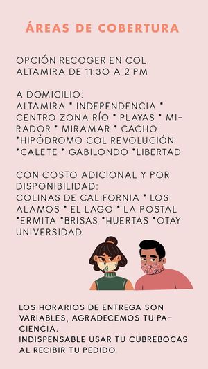 Haz tu pedido por medio de instagram o facebook, entregas martes, miércoles y viernes.
Contamos con servicio a domicilio en estas áreas. at El Burro Rayado - Food Cart in Tijuana