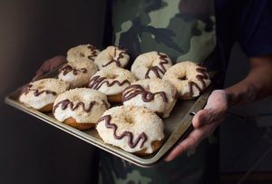 Donas veganas con glaseado de crema de cacahuate y mazapan hecho en casa at El Burro Rayado - Food Cart in Tijuana