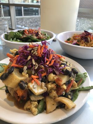 Taco loaded sweet potato, Mac and cheese, side salad at Brightside Kitchen in Des Moines