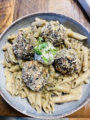 Perfect bite for the meatballs! FlavorFULL! As Hearty & as Satisfying as they come!  at  PLANT GOSSIP - powered by OrVeganic Kitchen in Coeur D Alene