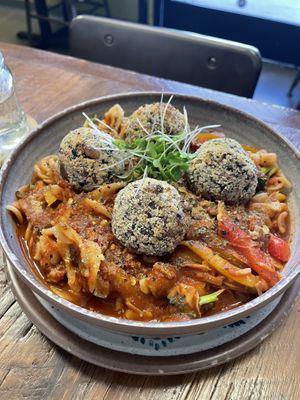 Marinara Pasta w/ Forbidden Balls at  PLANT GOSSIP - powered by OrVeganic Kitchen in Coeur D Alene