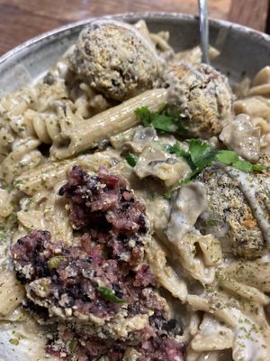 Burger ball split in half    at  PLANT GOSSIP - powered by OrVeganic Kitchen in Coeur D Alene