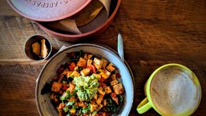 Tofu Bowl and Vanilla Latte - SO good! at  PLANT GOSSIP - powered by OrVeganic Kitchen in Coeur D Alene