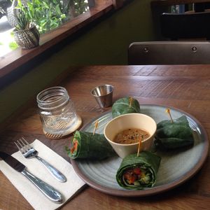 Thai peanut collard wrap at  PLANT GOSSIP - powered by OrVeganic Kitchen in Coeur D Alene