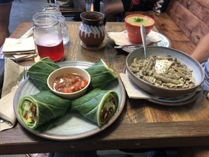 Collard green wrap, Alfredo pasta, split pea soup   at  PLANT GOSSIP - powered by OrVeganic Kitchen in Coeur D Alene