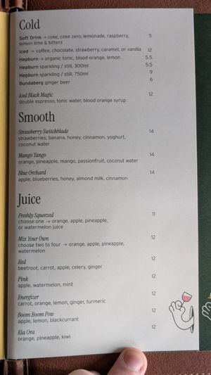 Cold drinks menu 2025 at Whitby in Bendigo