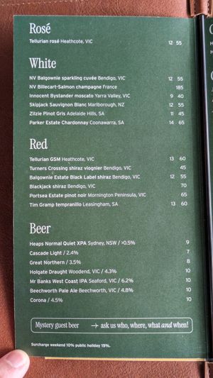 Alcohol menu 2025 at Whitby in Bendigo