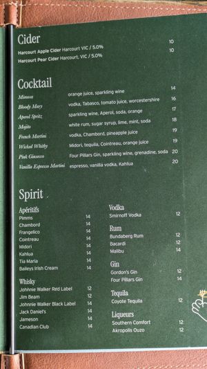 Alcohol menu 2025 at Whitby in Bendigo