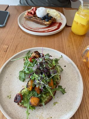 Vegan Avocado toast *waffles in back not vegan* at Cortille in Bendigo