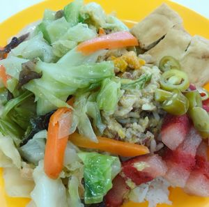 Brown rice with tofu and vegetables $2.50 at Guan Yin Vegetarian - North Bridge Rd in Central Singapore