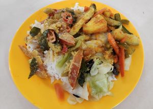 Rice with cabbage, achar and curry fish at Guan Yin Vegetarian - North Bridge Rd in Central Singapore
